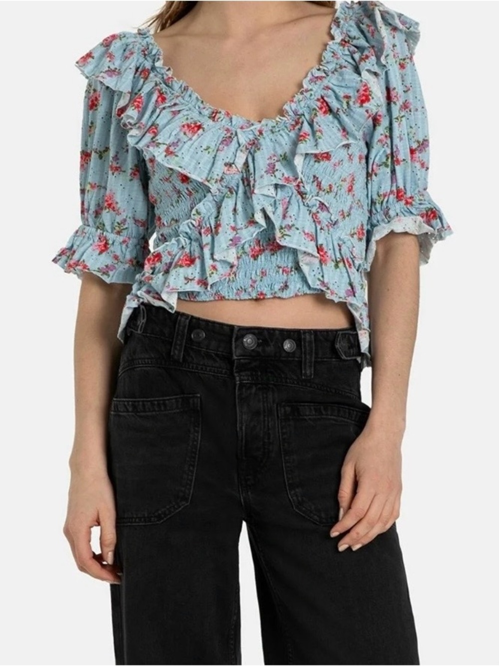 Free People Blue Floral Ruffle Smocked Crop Top